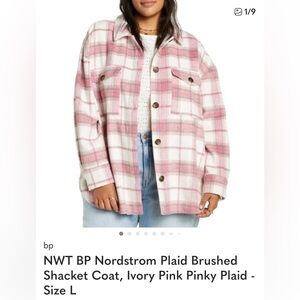 NWT BP Nordstrom Plaid Brushed Shacket Coat, Ivory Pink Pinky Plaid -‎ Size L